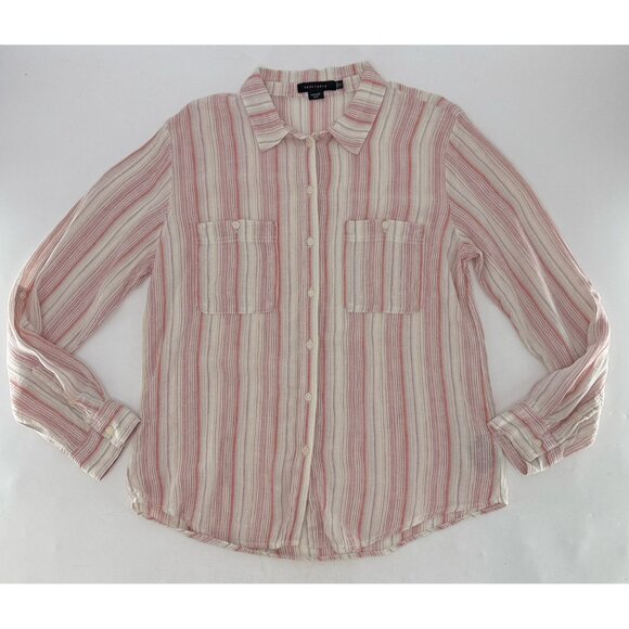 Sanctuary Linen Cotton Bld Striped Popover Blouse Roll Tab Slv Sz L Coastal Boho - Picture 1 of 11